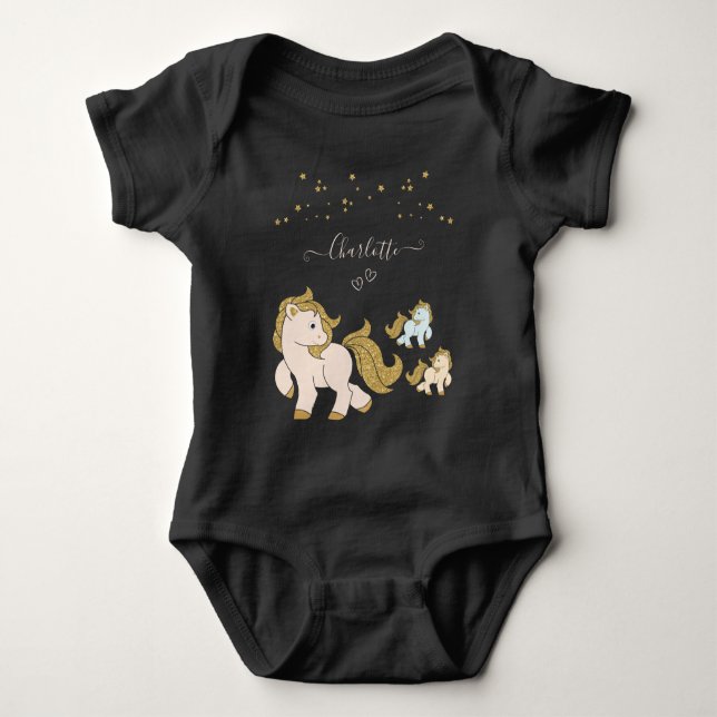 Rosa Glitzer Ponys mit Goldstars Vorname Baby Strampler (Vorderseite)