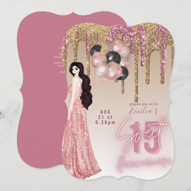 Rosa Glitzer Quinceanera Einladung (Vorne/Hinten)