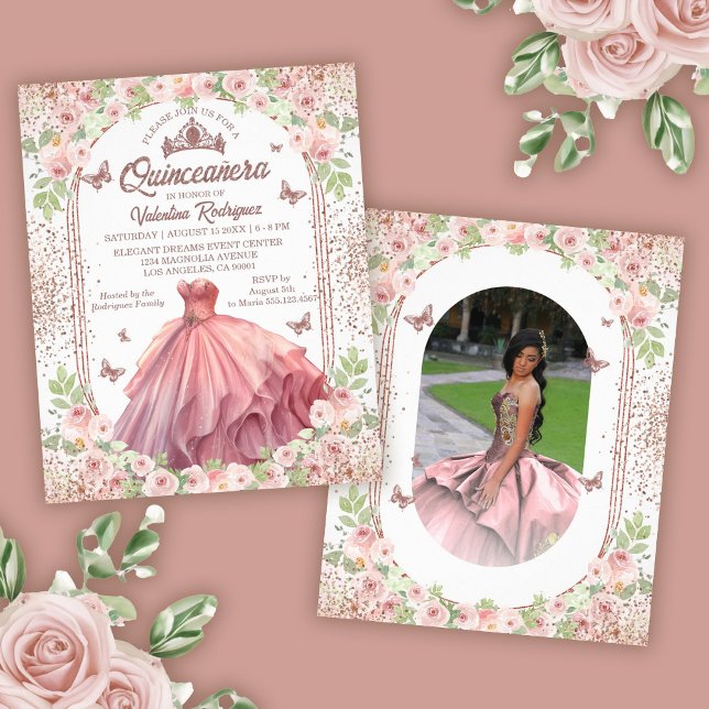 Rosa Glitzer Quinceanera Flyer (Budget Rose Gold Floral Quinceanera Invitation Flyer)