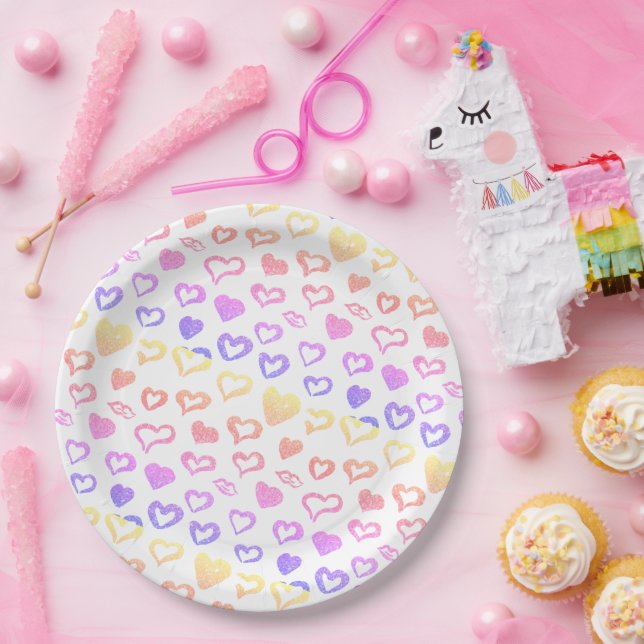 Rosa Glitzer Rainbow Hearts Pappteller (Party)