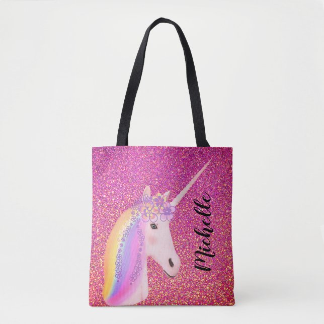 Rosa Glitzer Regenbogen Einhorn Personalisierte Gi Tasche (Vorderseite)
