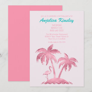 Rosa Glitzer Retro Flamingo und Palmen Bäume Einladung