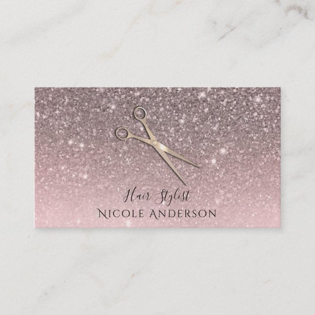 Rosa Glitzer Rose Gold Salon Stylist Scheren Visitenkarte (Vorderseite)