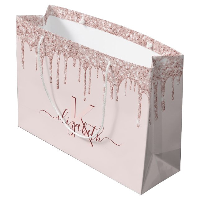 Rosa Glitzer Rose Große Geschenktüte (Rückseite Schrägansicht)