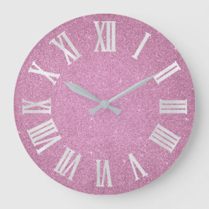 Rosa Glitzer-Rosen-Girly Glitzer-graue römische Große Wanduhr