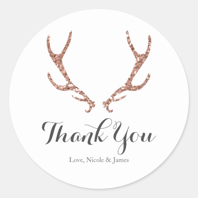Rosa Glitzer Rustic Deer Antlers Woodsy Glam Party Runder Aufkleber (Vorderseite)
