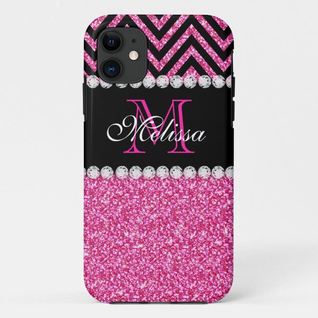 Rosa Glitzer Schwarze Zickzack Monogramm Case-Mate iPhone Hülle (Rückseite)