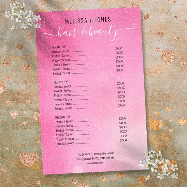 Rosa Glitzer Shimmer Salon Service Menü (Pink Glitter Shimmer Salon Service Menu Flyer)
