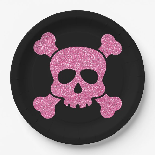 Rosa Glitzer Skull und Crossbones auf Schwarz Pappteller (Vorderseite)