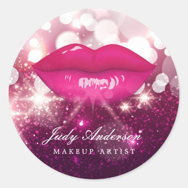 Rosa Glitzer Sparkling Rote Lippen Makeup Künstler Runder Aufkleber (Vorderseite)