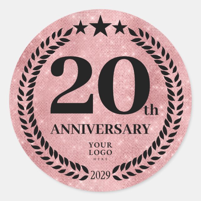 Rosa Glitzer Style 20th Anniversary Business-Logo Runder Aufkleber (Vorderseite)