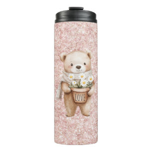 Rosa Glitzer Süßer Bär Gänseblümchen Thermosbecher