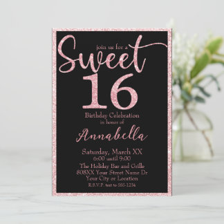 Rosa Glitzer Sweet 16 am Schwarzen Geburtstag Einladung