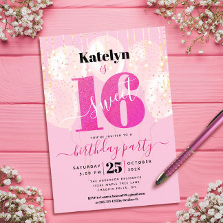 Rosa Glitzer Sweet 16 Birthday Chic Girly Balloons Einladung