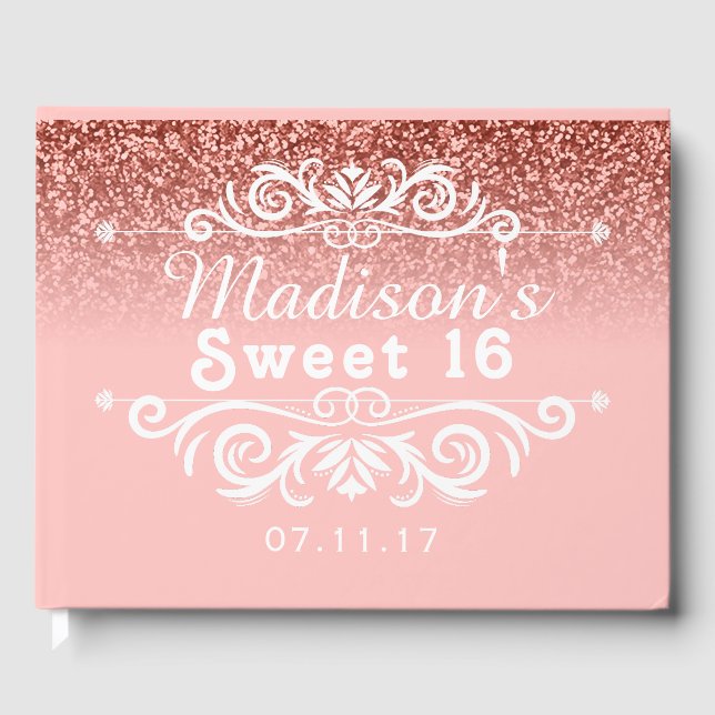 Rosa Glitzer Sweet 16 Custom Gästebuch (Vorderseite)
