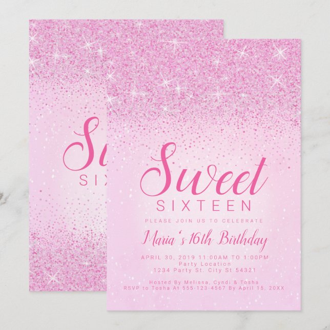 Rosa Glitzer, Sweet 16 Einladungen (Vorne/Hinten)