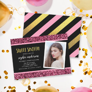 Rosa Glitzer Sweet 16 Foto Geburtstagsfeier Einlad Einladung