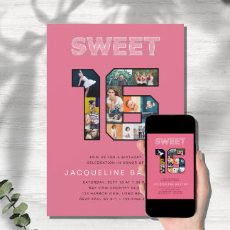 Rosa Glitzer Sweet 16 Geburtstagsgeschenk Foto Einladung