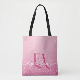 Rosa Glitzer Tote Beutel mit Initialen und Namen Tasche
