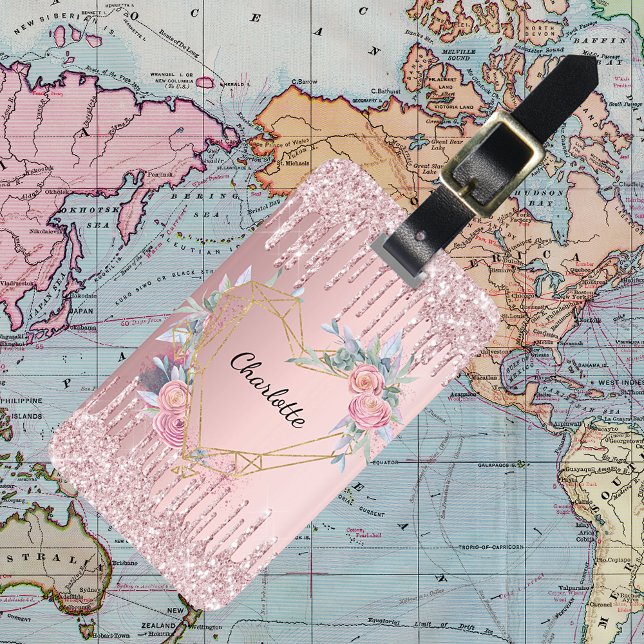 Rosa Glitzer Tropfen Blütenmonogramm Gepäckanhänger (Von Creator hochgeladen)