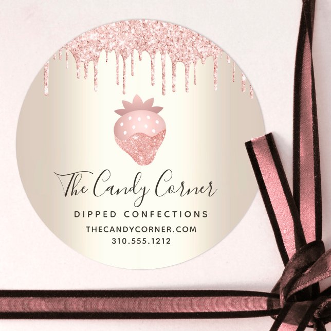 Rosa Glitzer Tropfen Erdbeeren Konfektion Gold Runder Aufkleber (Von Creator hochgeladen)