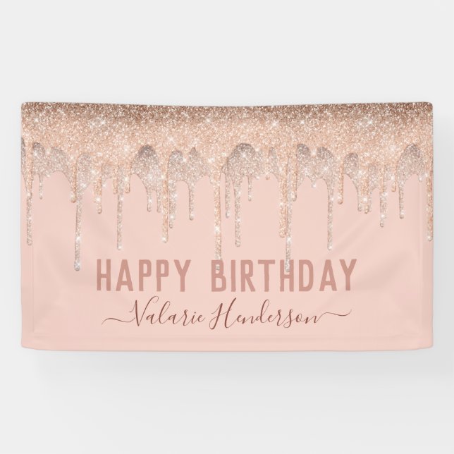 Rosa Glitzer Tropfen Glücklich zum Geburtstag Banner (Horizontal)