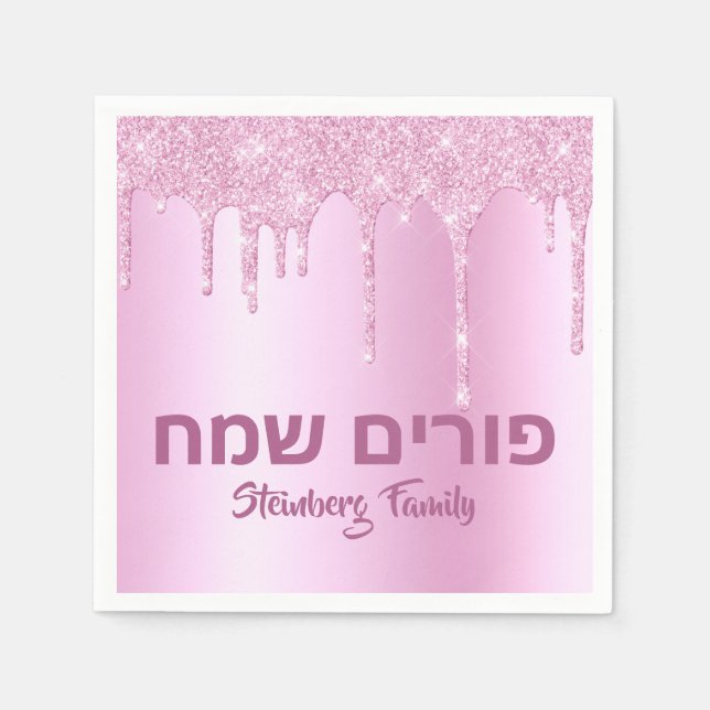 Rosa Glitzer Tropfen Happy Purim Serviette (Vorderseite)