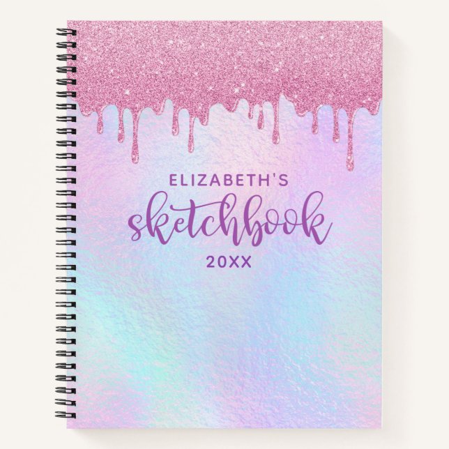 Rosa Glitzer Tropfen Holographic Unicorn Sketchboo Notizbuch (Vorderseite)