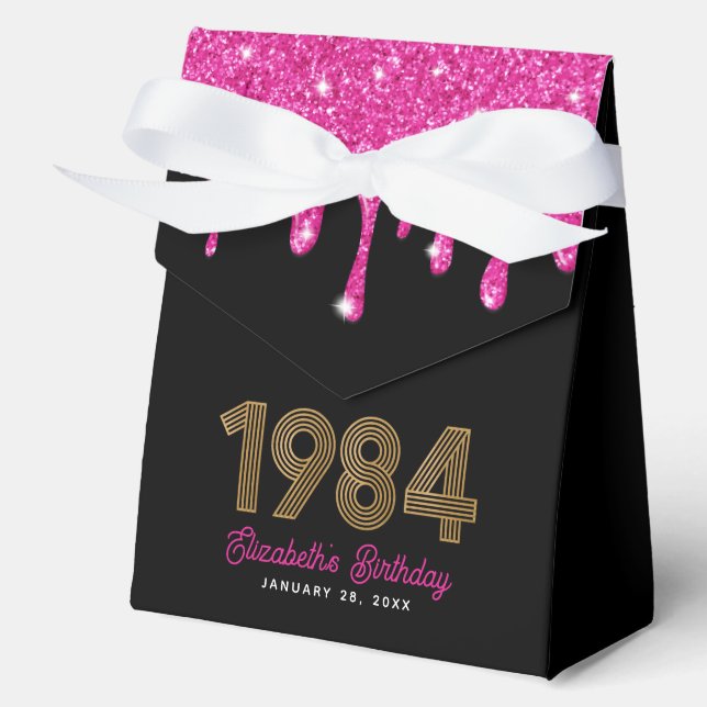 Rosa Glitzer Tropfen Imitats Gold 1984 40. Geburts Geschenkschachtel (Vorderseite)