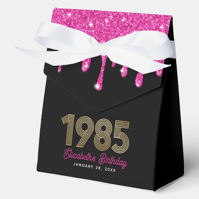Rosa Glitzer Tropfen Imitats Gold 1985 40. Geburts Geschenkschachtel (Vorderseite)