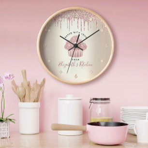 Rosa Glitzer Tropfen Kuchen Konditorei Koch Gold Große Wanduhr
