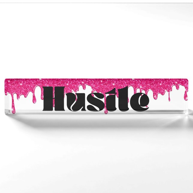Rosa Glitzer Tropfen Lady Boss Hustle Name Plakat Namensplakette (Vorderseite)