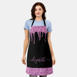 Rosa Glitzer Tropfen Monogram Black Schürze
