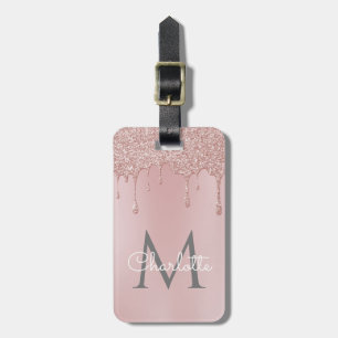 Rosa Glitzer Tropfen Monogram Elegante Girly Scrip Gepäckanhänger