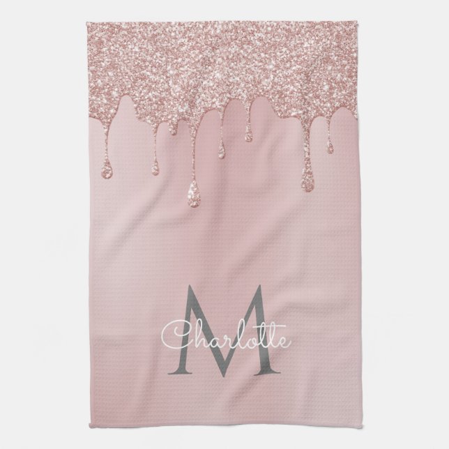 Rosa Glitzer Tropfen Monogram Girl Script Geschirrtuch (Vertikal)