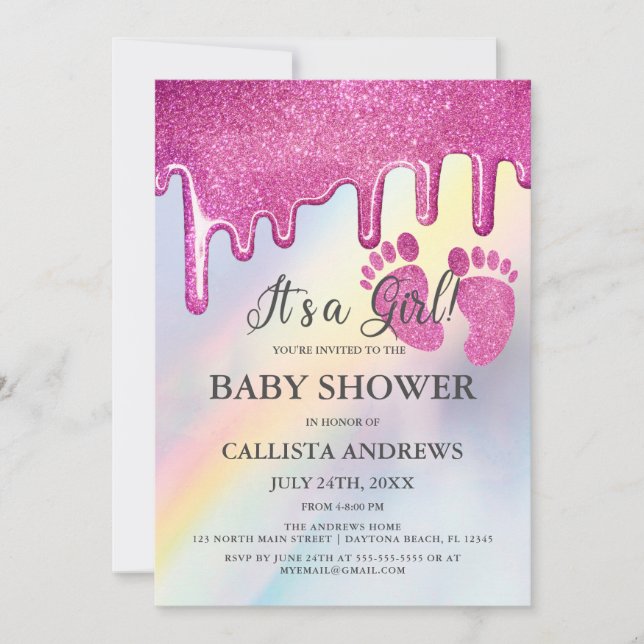 Rosa Glitzer Tropfen Rainbow Holographic Baby Show Einladung (Vorderseite)