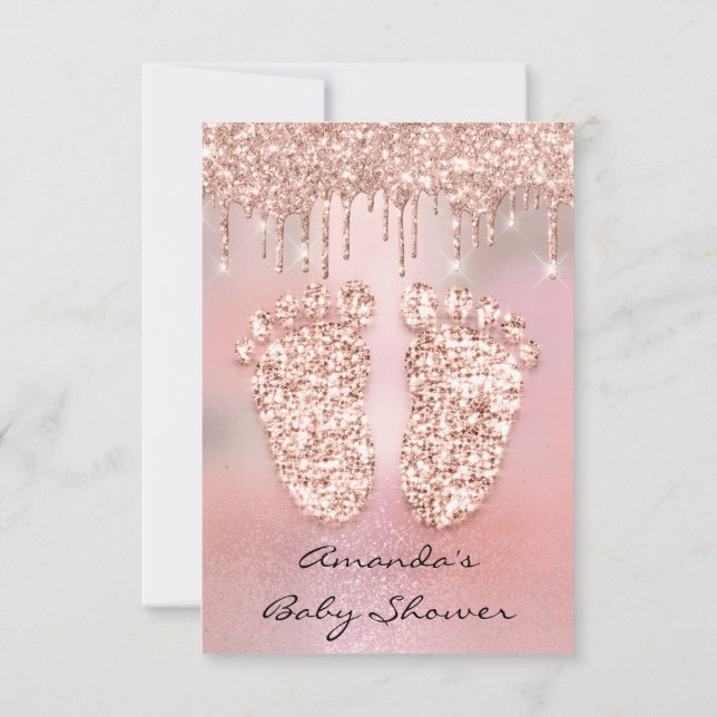 Rosa Glitzer Tropfen Rose Gold Baby Dusche Feet Einladung (Rückseite)
