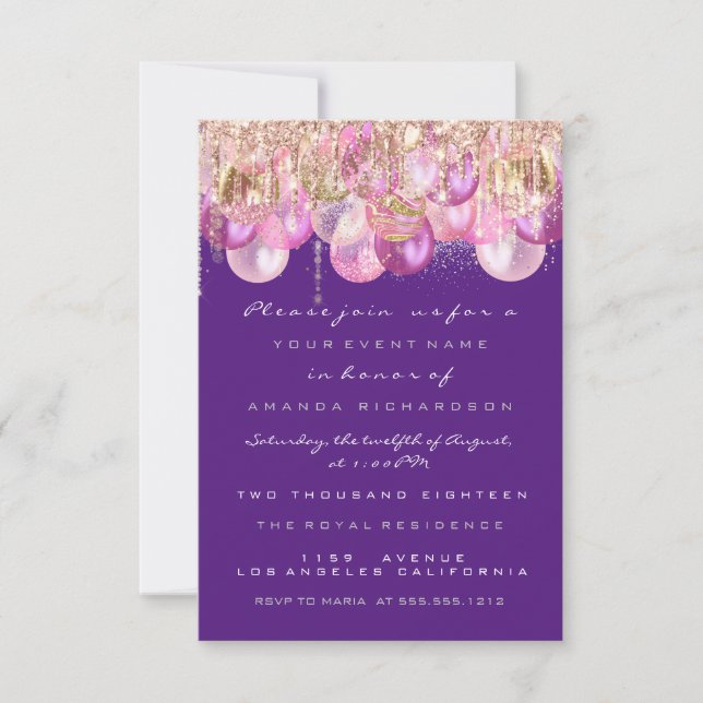 Rosa Glitzer Tropfen Rose Violet Bridal Sweet 16. Einladung (Vorderseite)