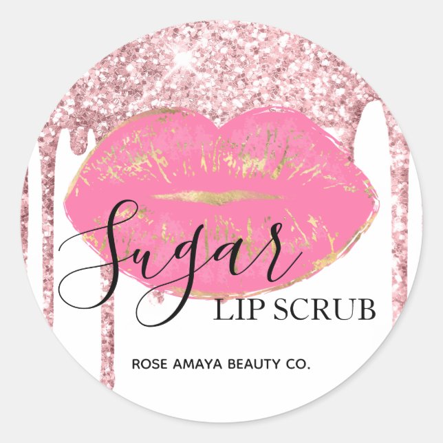 Rosa Glitzer Tropfen Zucker Lippe Runder Aufkleber (Vorderseite)