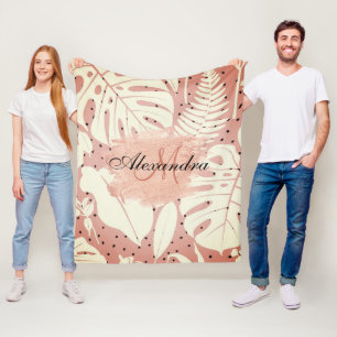 Rosa Glitzer Tropische Blätter Fleecedecke