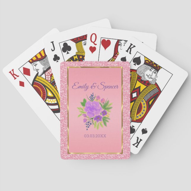 Rosa Glitzer und Aquarellfarben Blume Spielkarten (Rückseite)