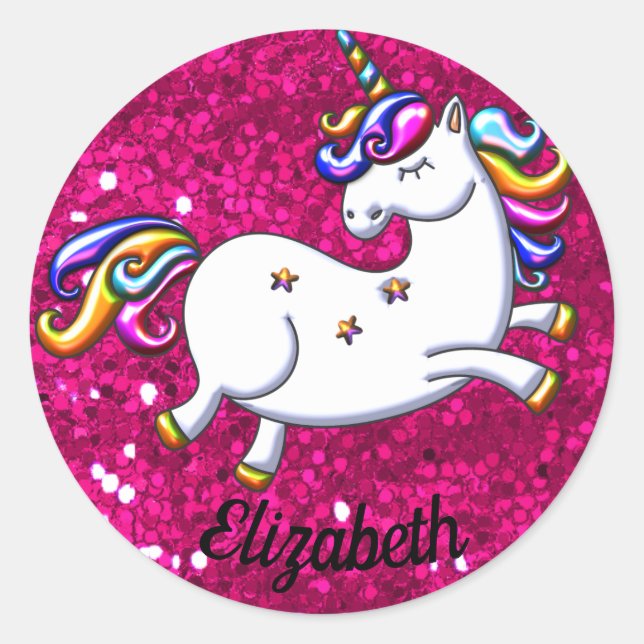 Rosa Glitzer und Einhorn Runder Aufkleber (Vorderseite)