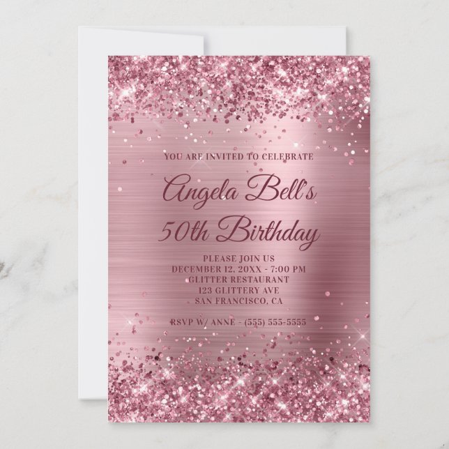Rosa Glitzer und gebürstete Folie 50. Geburtstag Einladung (Rückseite)