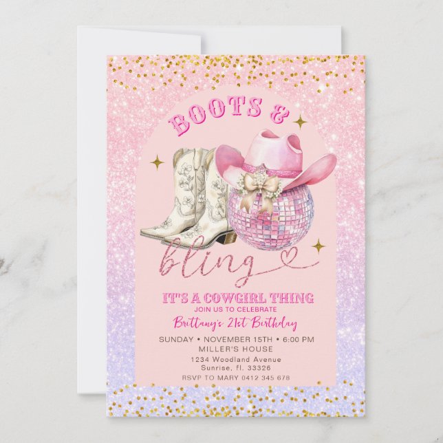 Rosa Glitzer und Goldstiefel und Bling zum Geburts Einladung (Vorderseite)