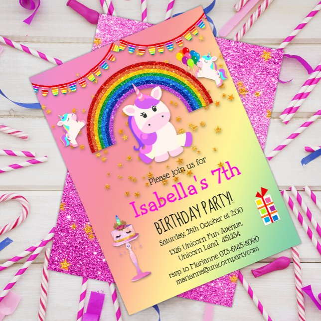 Rosa Glitzer und Regenbogen Einhorn Geburtstag Einladung (Von Creator hochgeladen)