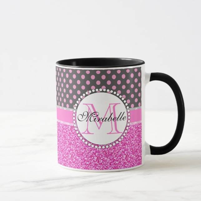 Rosa Glitzer und rosa Polka Punkte auf grau benann Tasse (Rechts)