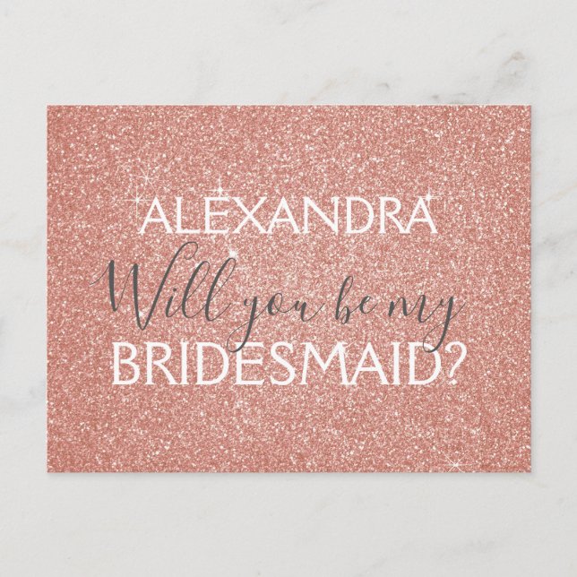 Rosa Glitzer und Sparkle Bridesmaid Einladungspostkarte (Vorderseite)