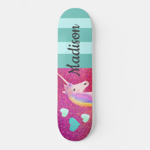 Rosa Glitzer Unicorn Herzkinder Personalisiert Skateboard