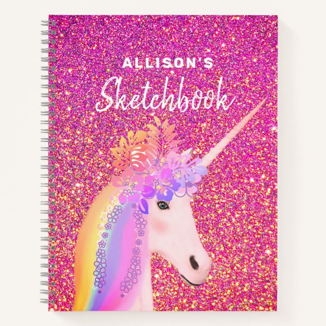 Rosa Glitzer Unicorn Sketchbook Personalisiert Nam Notizbuch (Vorderseite)