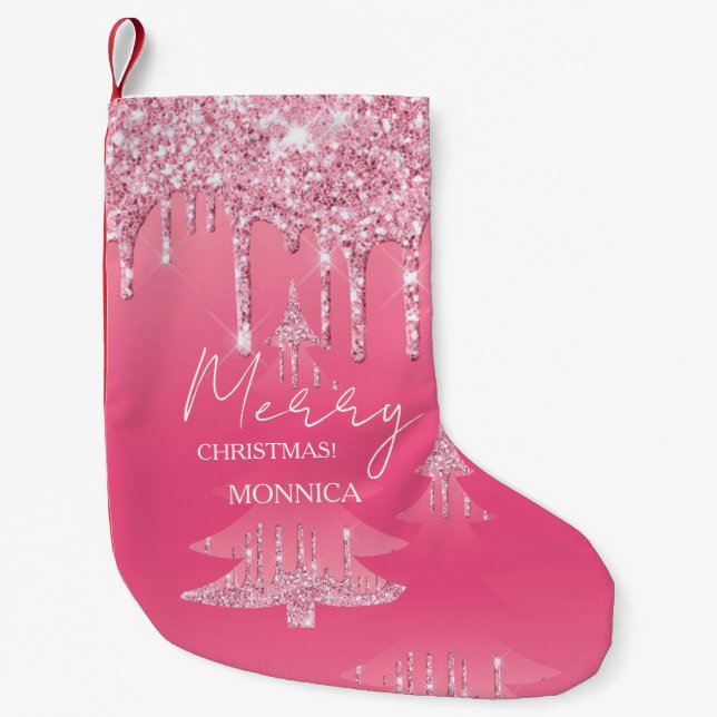 Rosa Glitzer Weihnachtsbaum Kleiner Weihnachtsstrumpf (Vorderseite)
